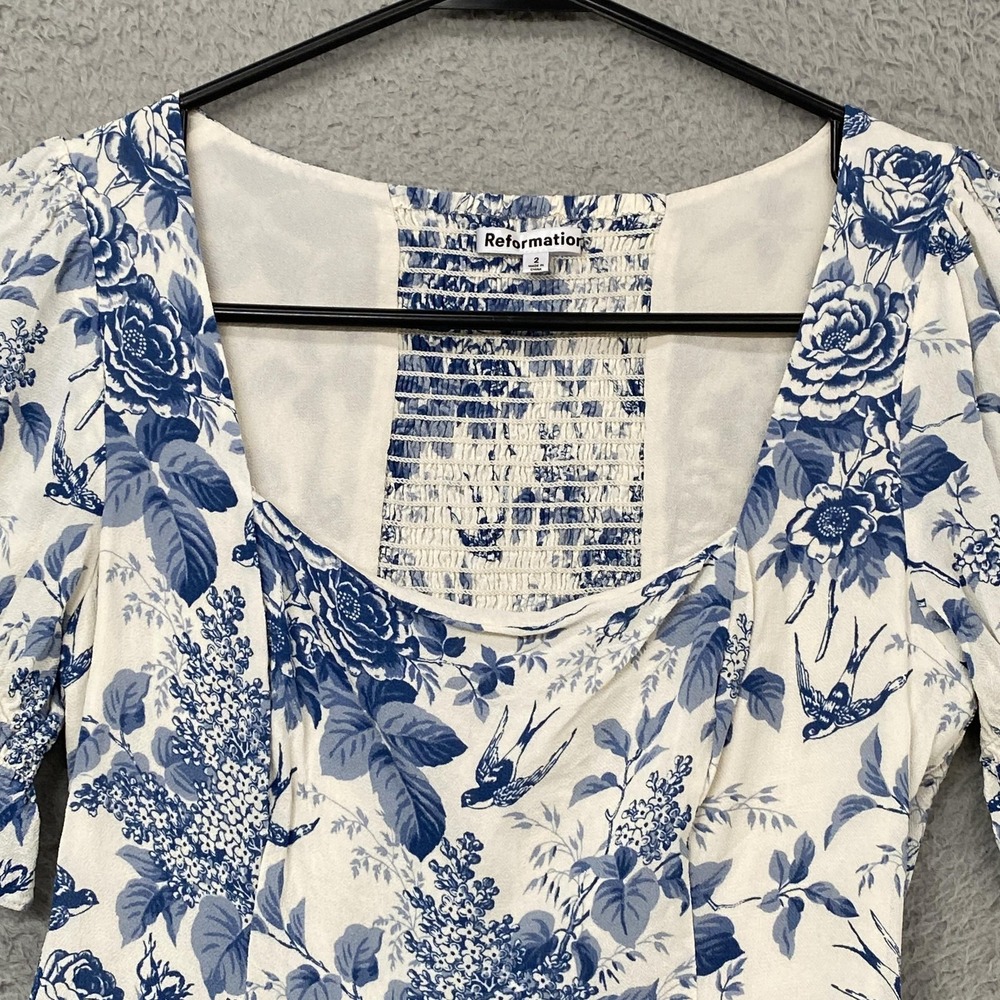 Reformation Constance Floral Top Womens 2 Blue Sweetheart Summer Puff Sleeve - Picture 3 of 15